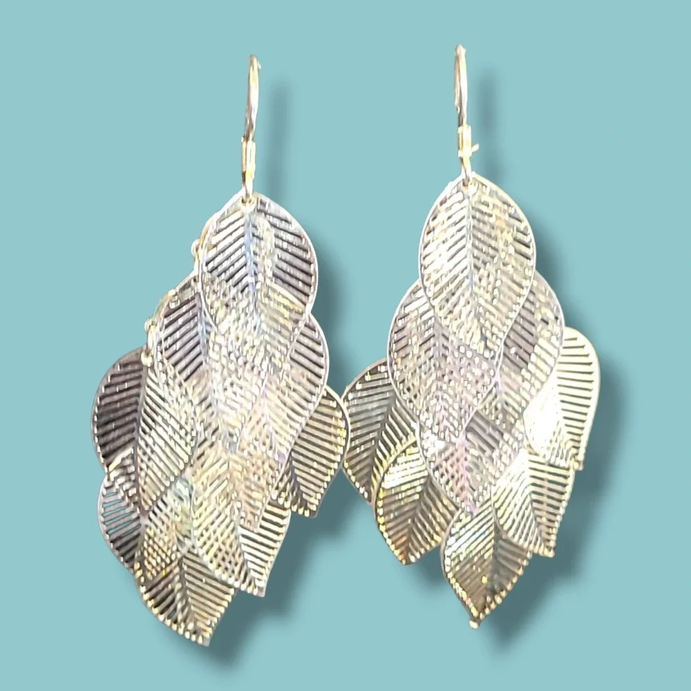 Silver‎ Tone Leaf Chandelier Dangle Earrings 925 Hooks Statement Boho
